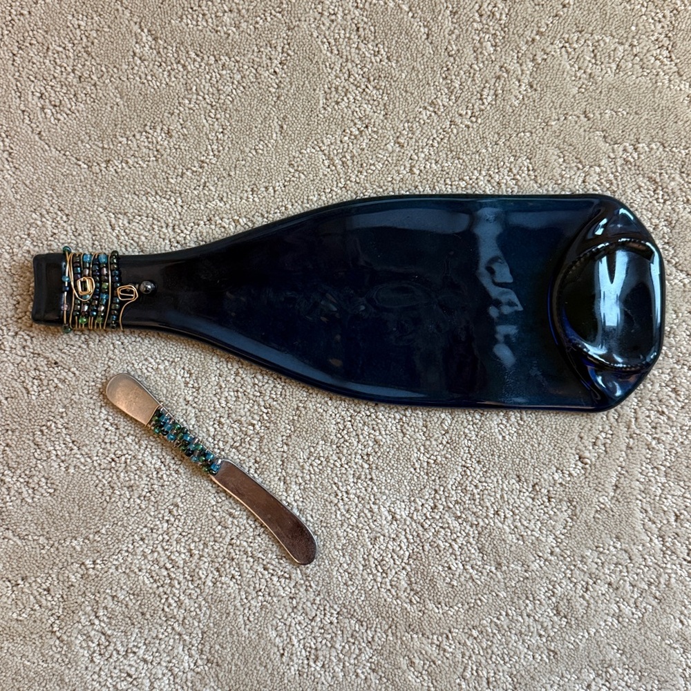 Hors D’oevres/Cheese Board Blue Glass Bottle & serving Knife W/Beaded Accents